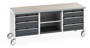 Bott Cubio Mobile Storage Workbench 2000mm wide x 750mm Deep x 840mm high supplied with a Linoleum worktop (particle board core with grey linoleum surface and plastic edgebanding), 6 x drawers (2 x 200mm & 4 x 150mm high and 1 x open mid section... 2000mm Wide Storage Benches